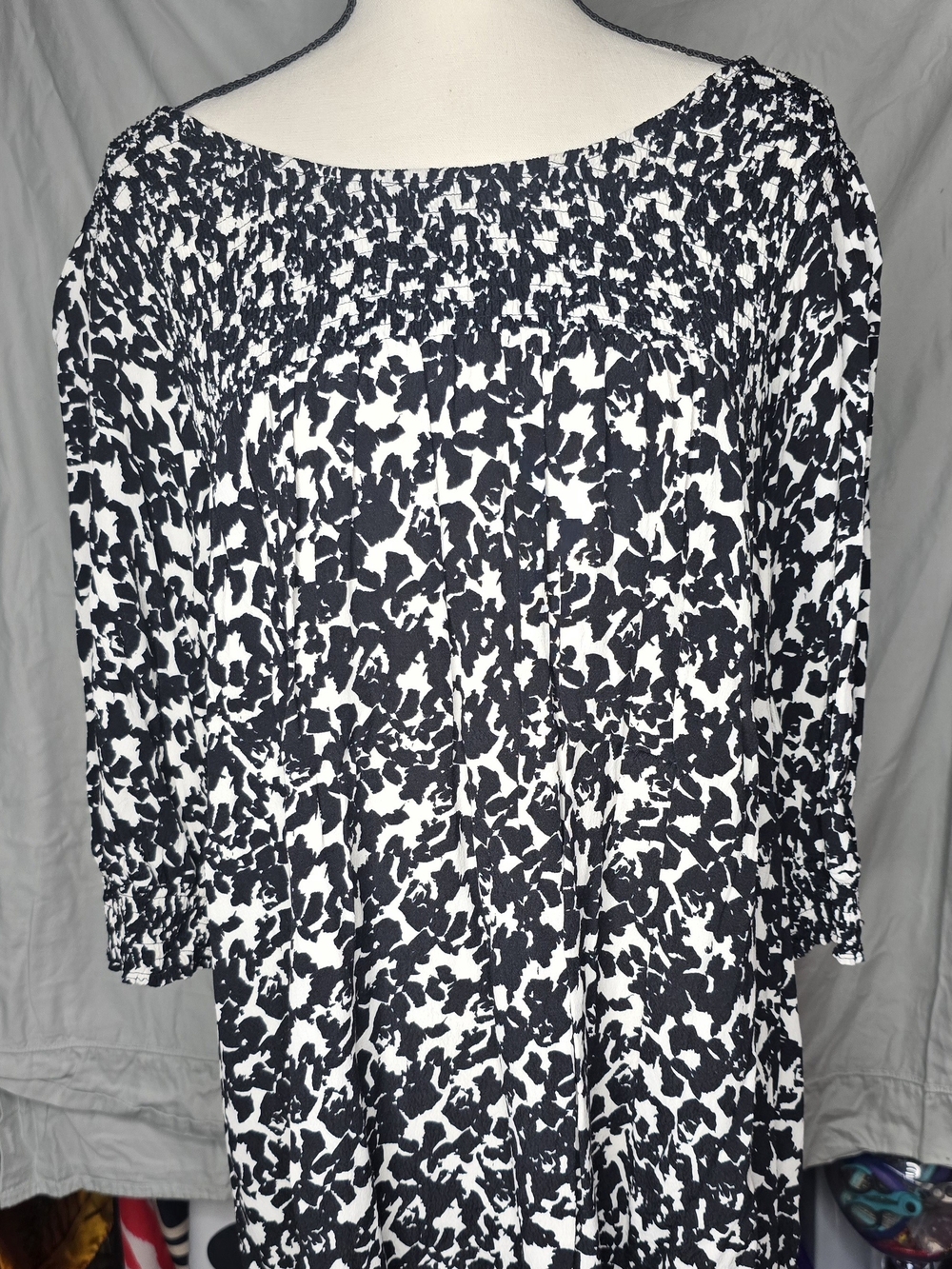 Terra & Sky Black and White Smocked Yoke Blouse